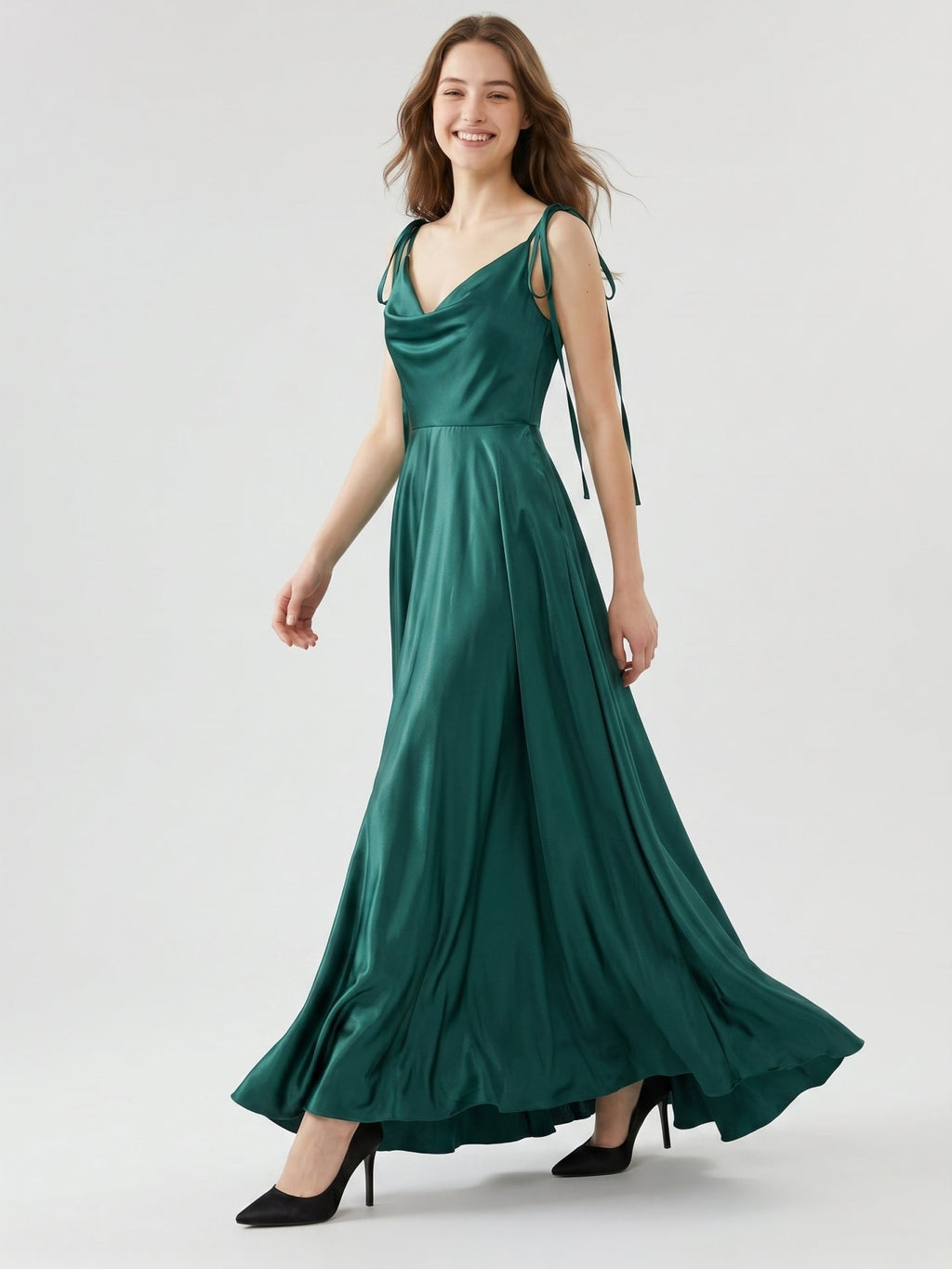 Peacock Satin A-Line Cowl Neck Back Zip Floor-Length Bridesmaid Dress with Bow - Curvevia