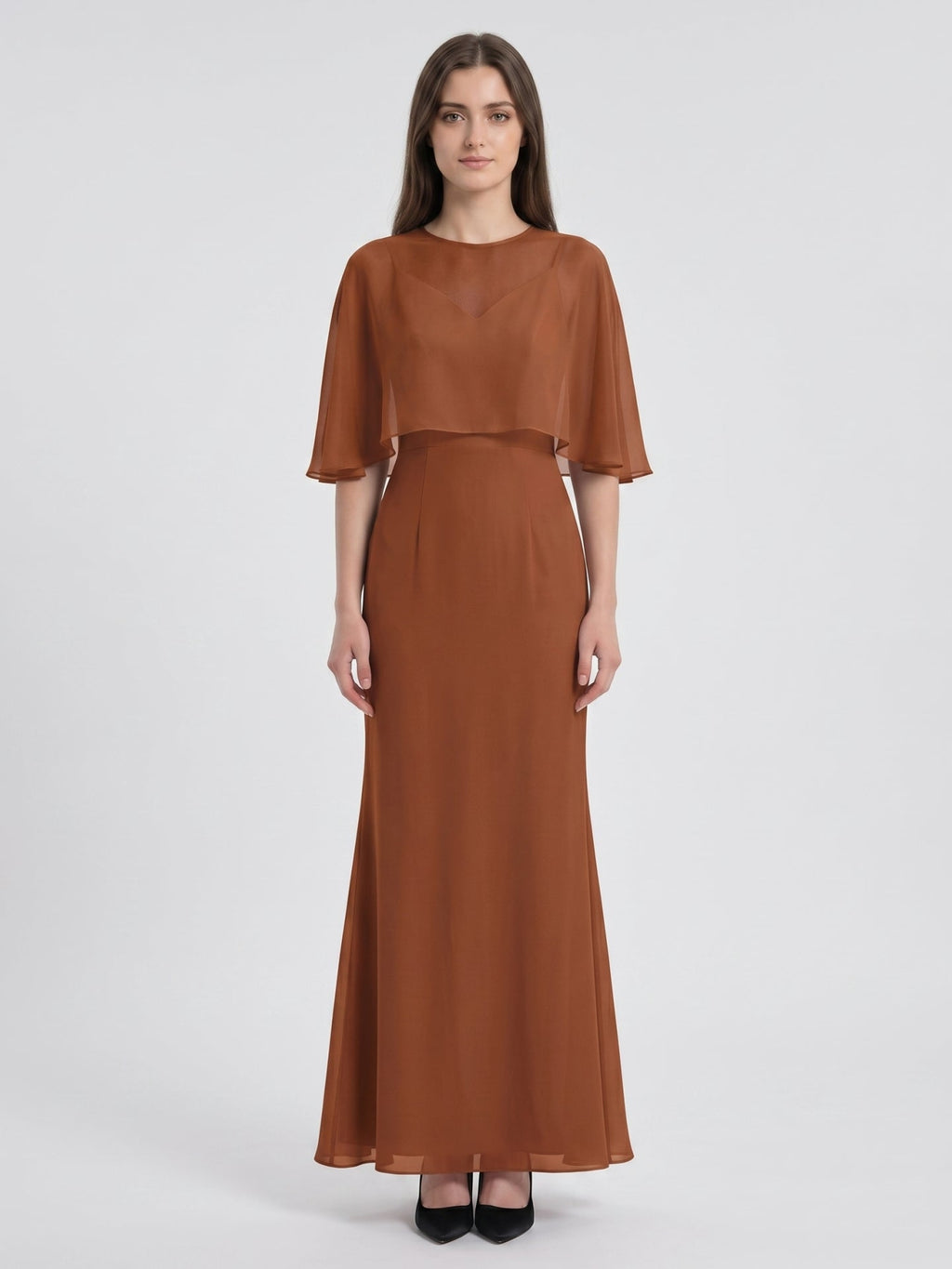 Terracotta Chiffon Mermaid Sweetheart Back Zip Floor-Length Bridesmaid Dress with Cape - Curvevia