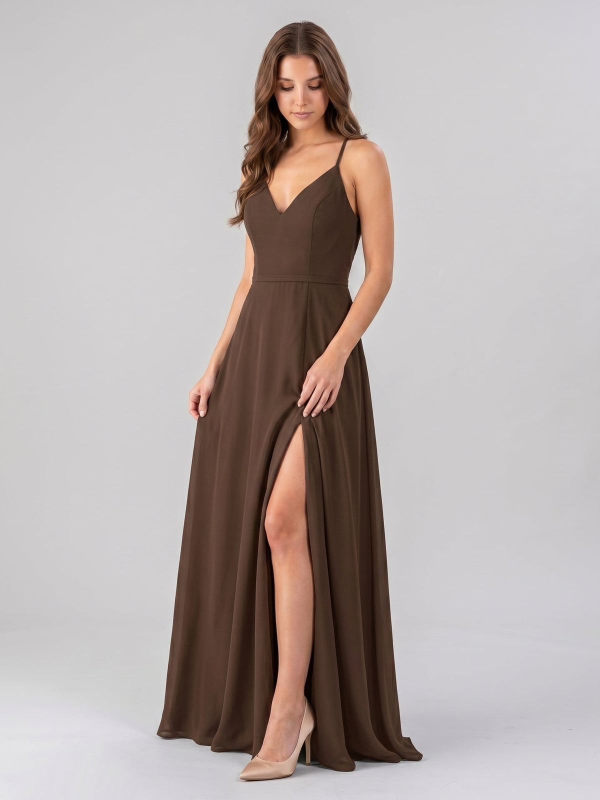 Mocha Chiffon A-Line V-Neck Backless Floor-Length Bridesmaid Dress - Curvevia