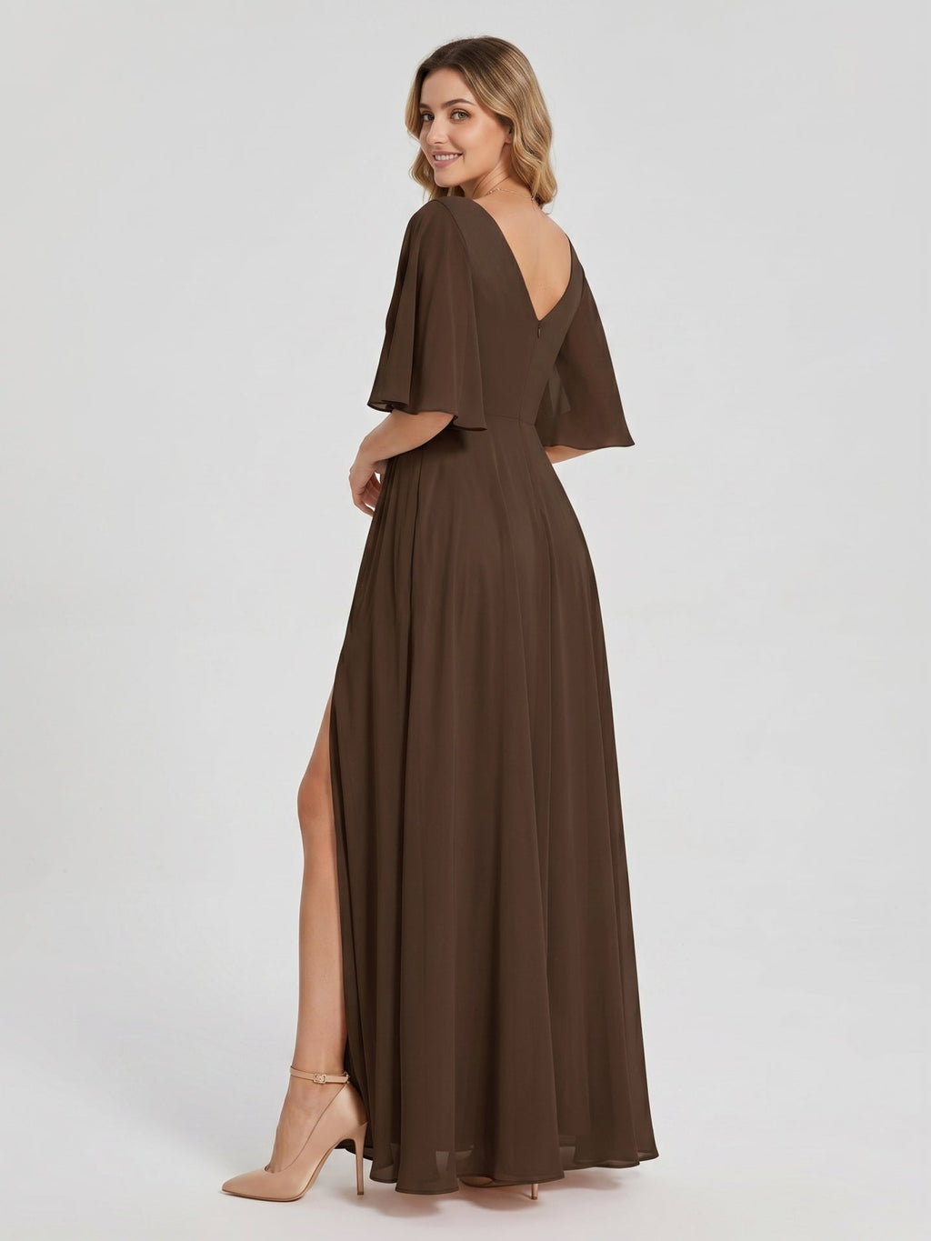 Mocha Chiffon A-Line V-Neck V-Back Ankle-Length Bridesmaid Dress - Curvevia