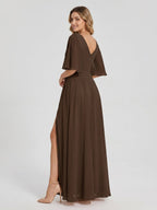 Mocha Chiffon A-Line V-Neck V-Back Ankle-Length Bridesmaid Dress - Curvevia