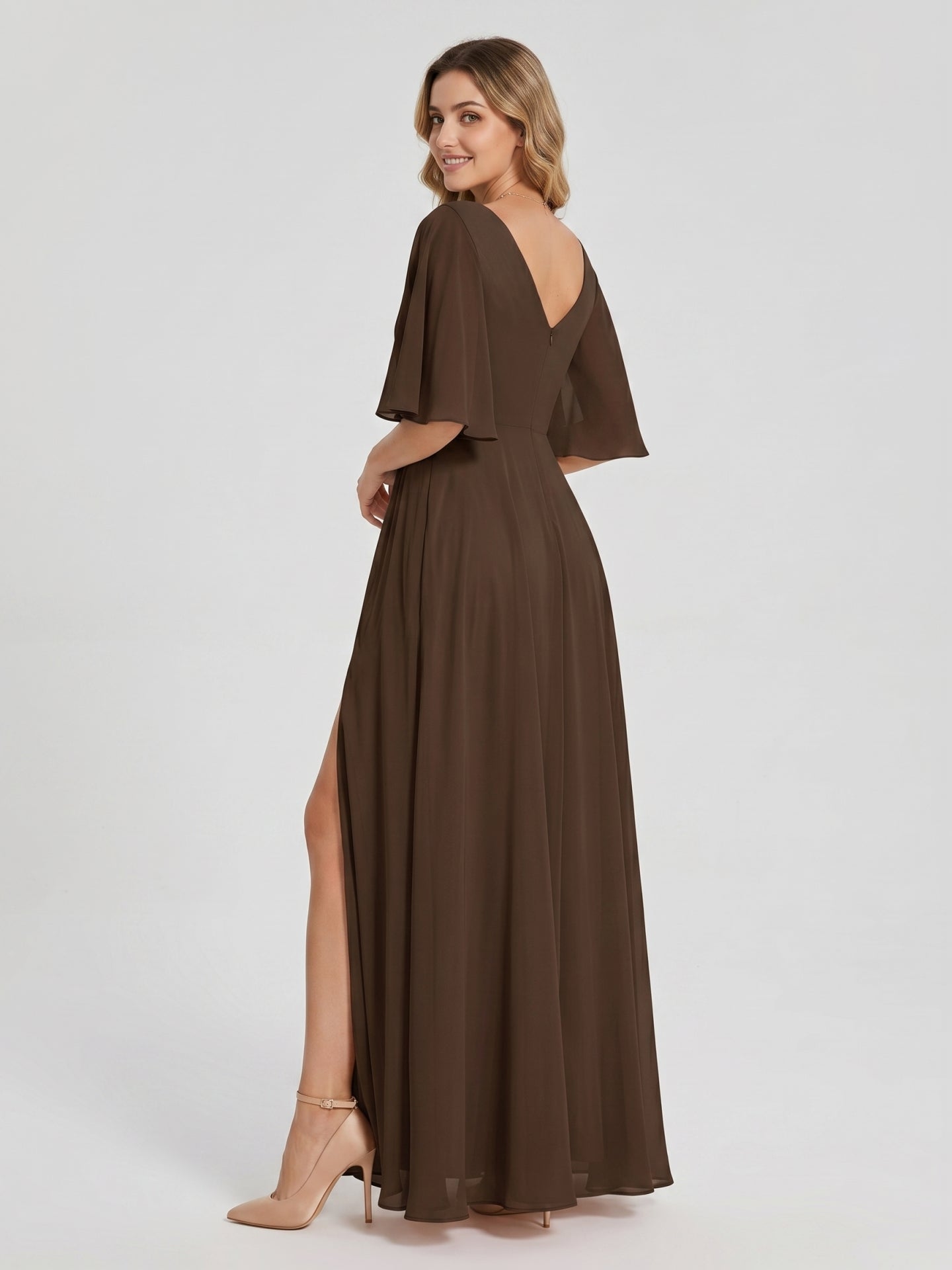 Mocha Chiffon A-Line V-Neck V-Back Ankle-Length Bridesmaid Dress - Curvevia
