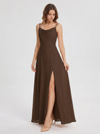 Mocha Chiffon Sheath Cowl Neck Backless Ankle-Length Bridesmaid Dress - Curvevia