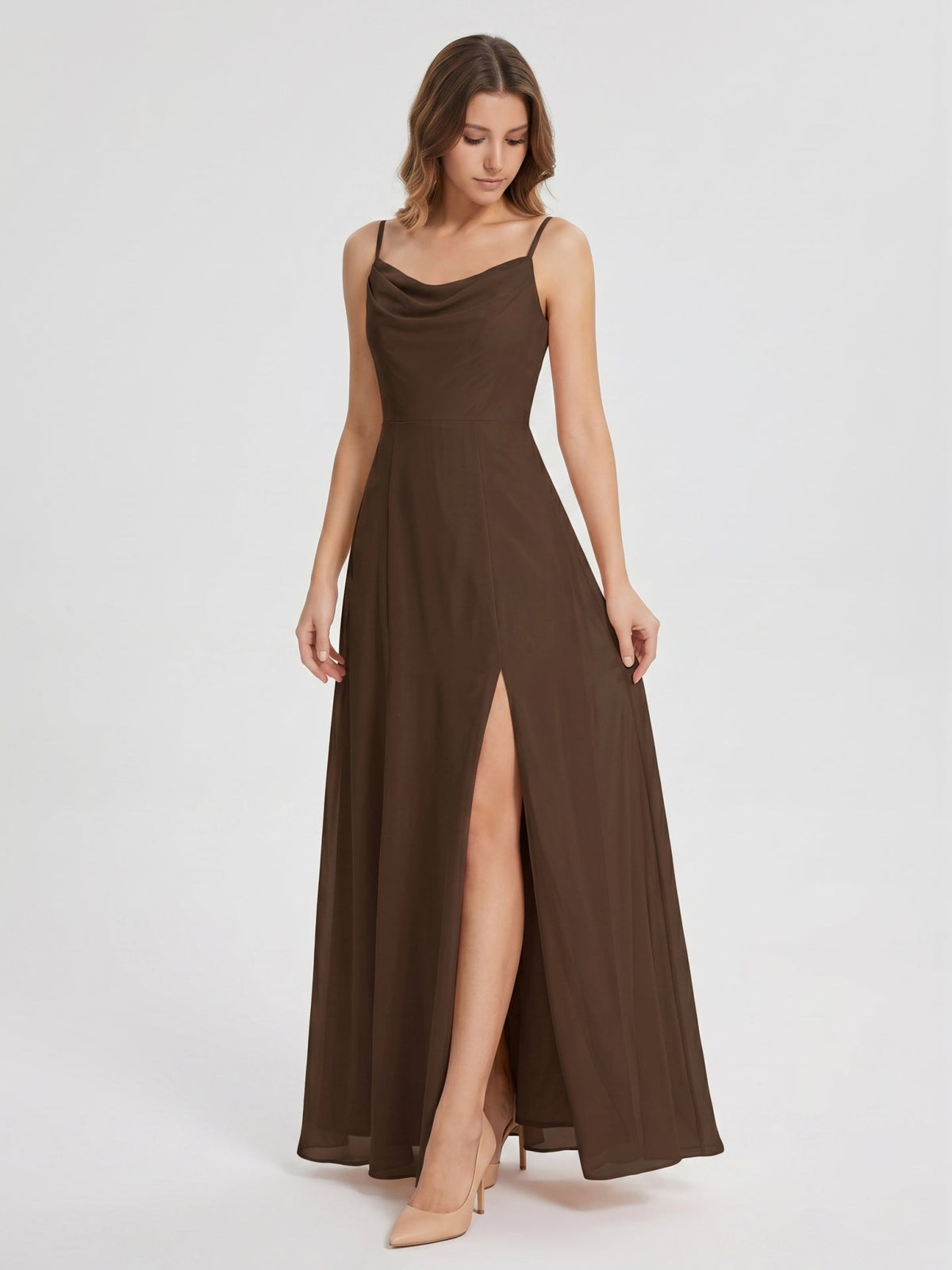 Mocha Chiffon Sheath Cowl Neck Backless Ankle-Length Bridesmaid Dress - Curvevia