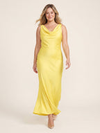 Romantic Lemon Matte Satin A-Line Cowl Neck Backless Ankle-Length Bridesmaid Dress - Curvevia