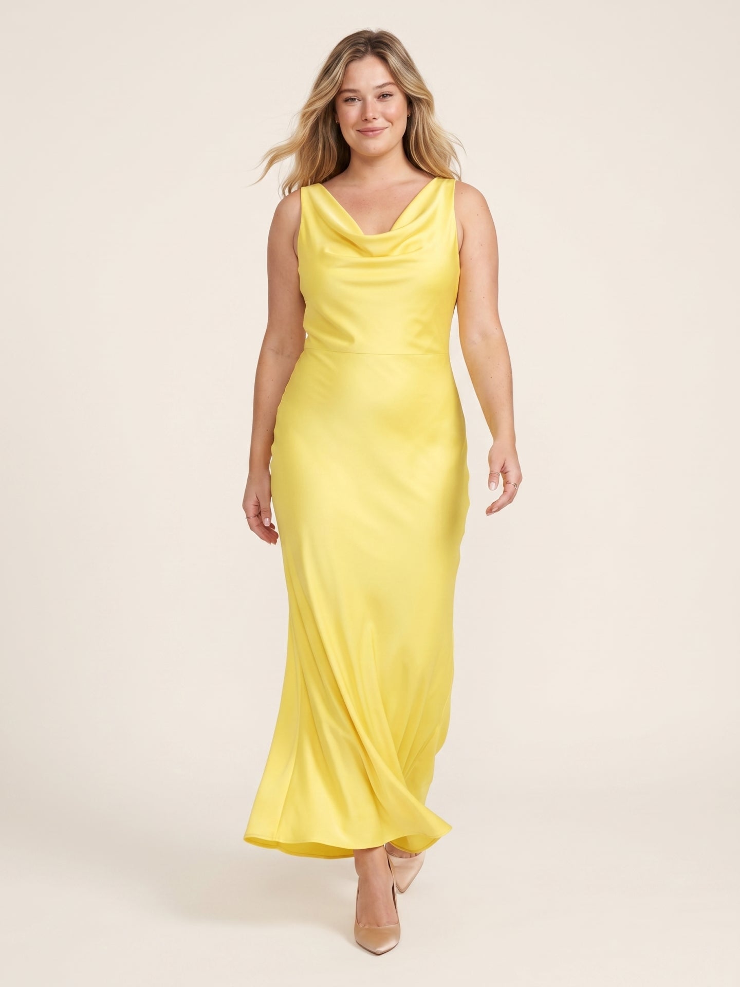 Romantic Lemon Matte Satin A-Line Cowl Neck Backless Ankle-Length Bridesmaid Dress - Curvevia