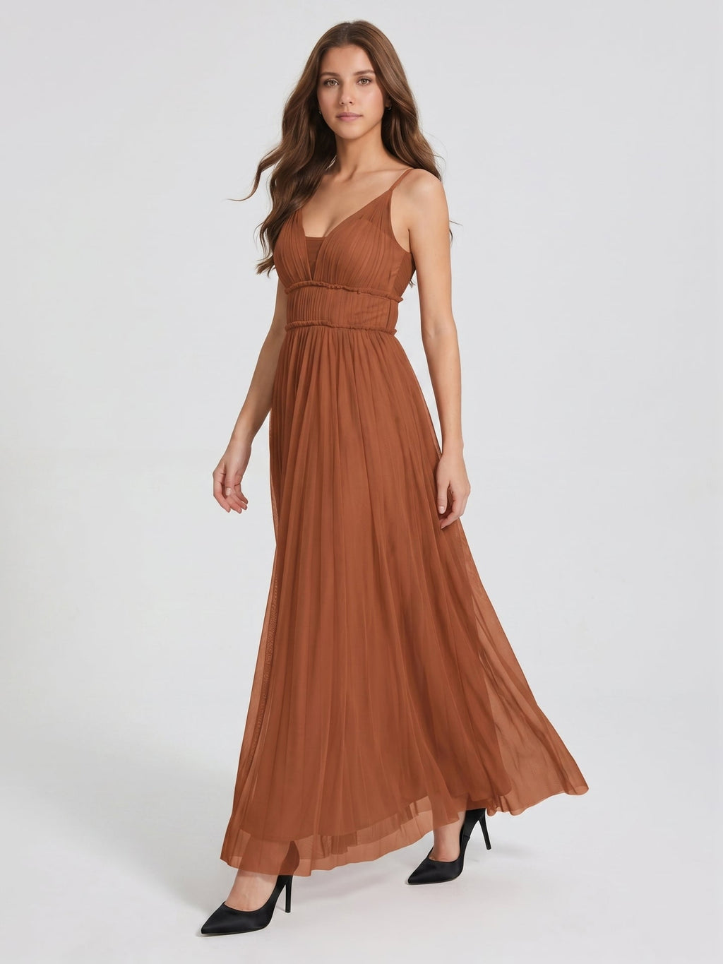 Terracotta Tulle A-Line V-Neck Backless Floor-Length Pleated Bridesmaid Dress - Curvevia