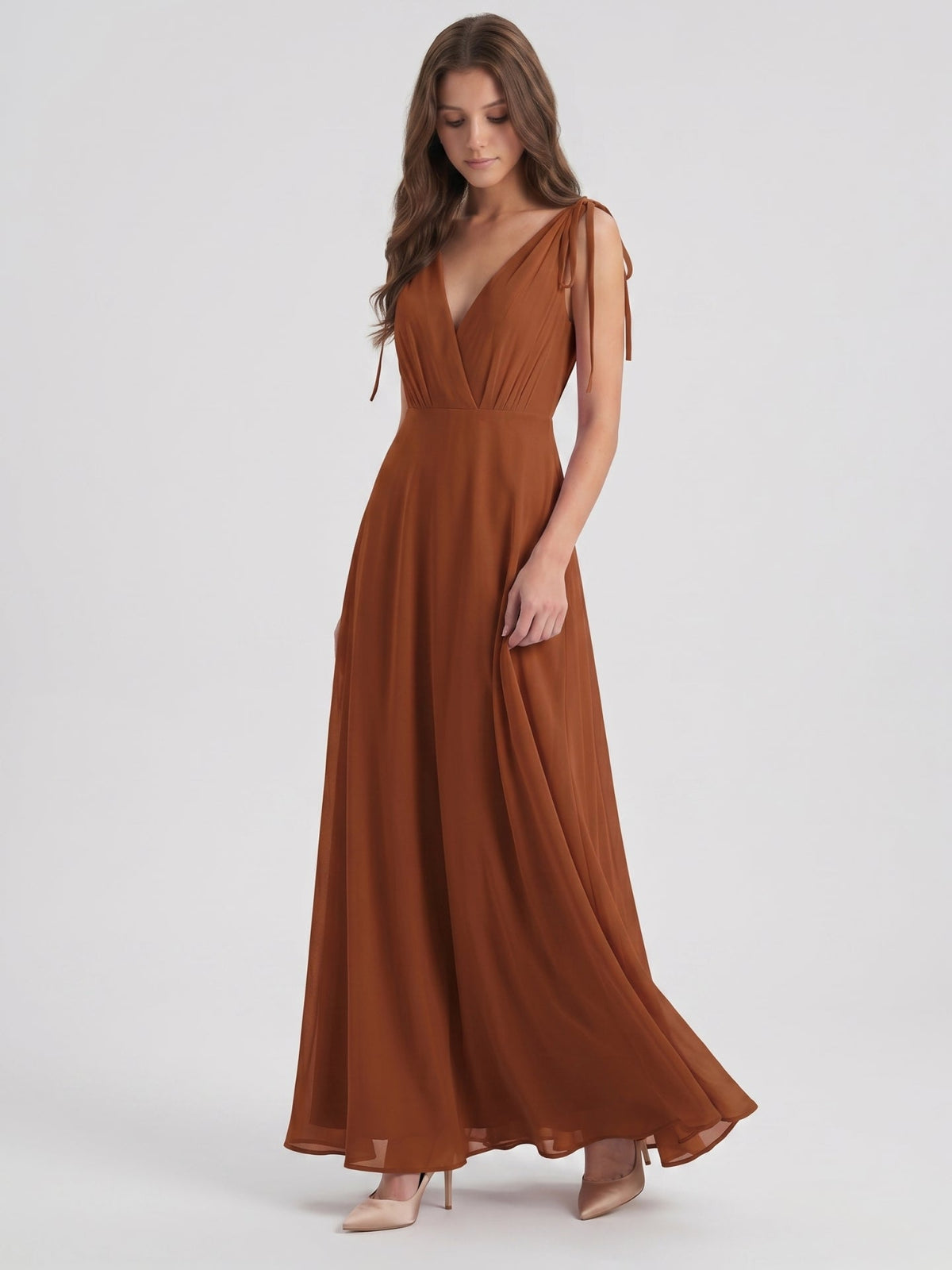 Terracotta Chiffon A-Line V-Neck Backless Floor-Length Bridesmaid Dress with Bow - Curvevia