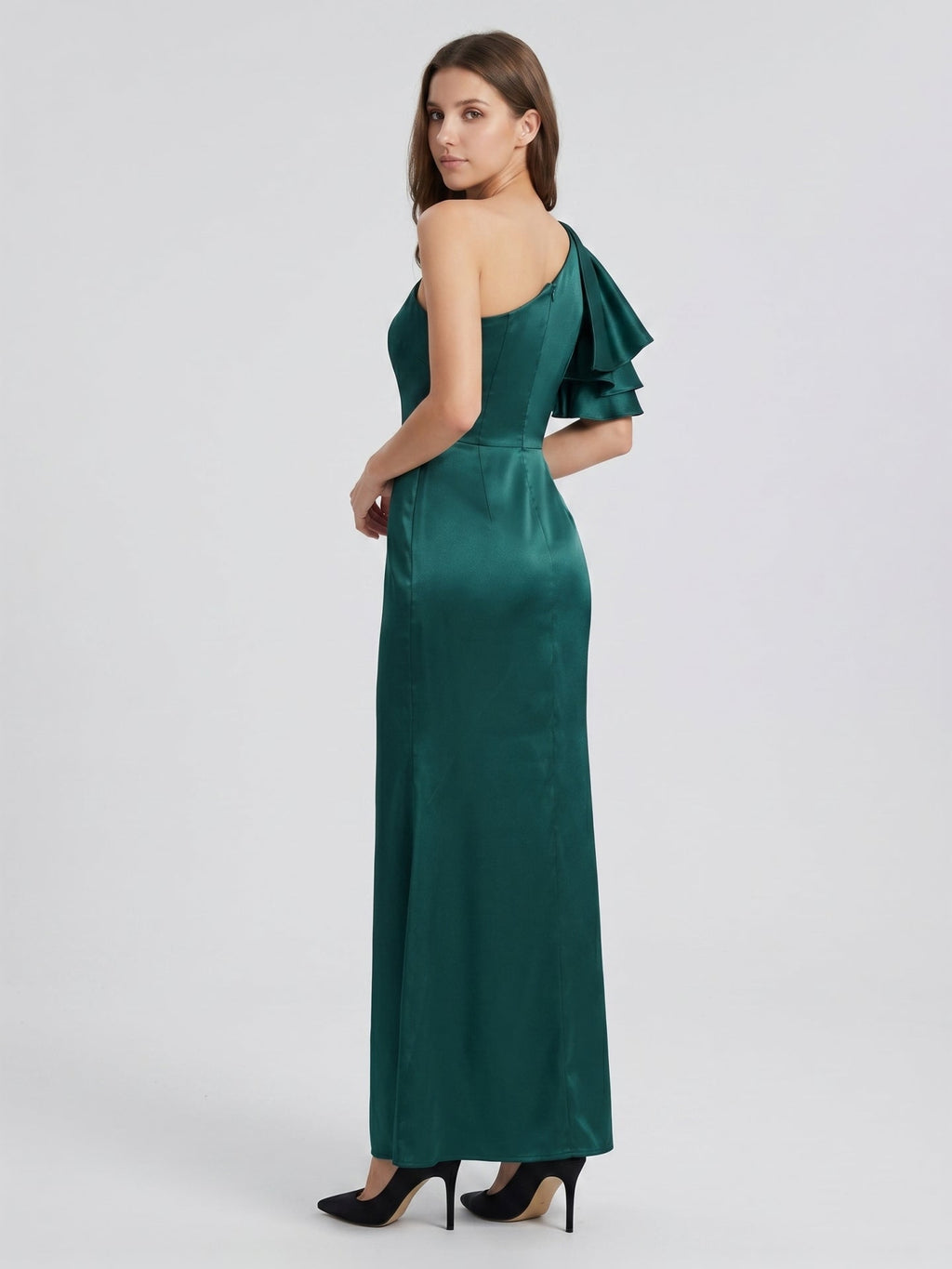 Peacock Satin Sheath One Shoulder Back Zip Floor-Length Ruffle Bridesmaid Dress - Curvevia