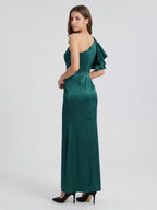 Peacock Satin Sheath One Shoulder Back Zip Floor-Length Ruffle Bridesmaid Dress - Curvevia