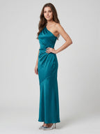 Elegant Teal Satin column One Shoulder Backless Ankle-Length Bridesmaid Dress - Curvevia