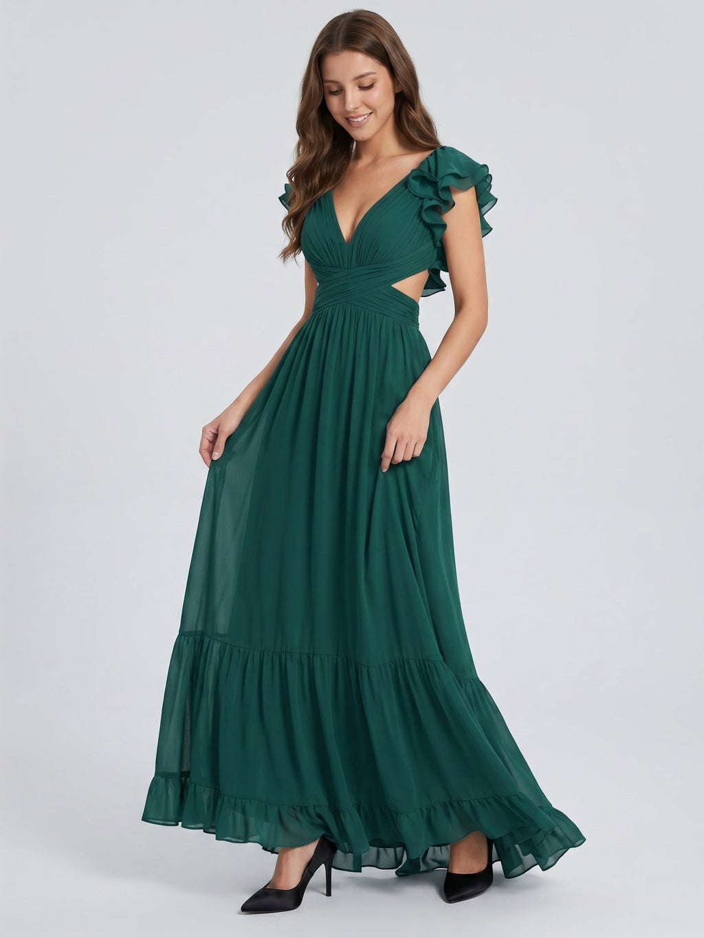 Peacock Chiffon A-Line V-Neck Criss-Cross Back Floor-Length Ruffle Bridesmaid Dress - Curvevia