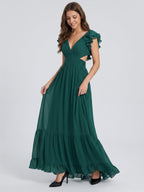 Peacock Chiffon A-Line V-Neck Criss-Cross Back Floor-Length Ruffle Bridesmaid Dress - Curvevia