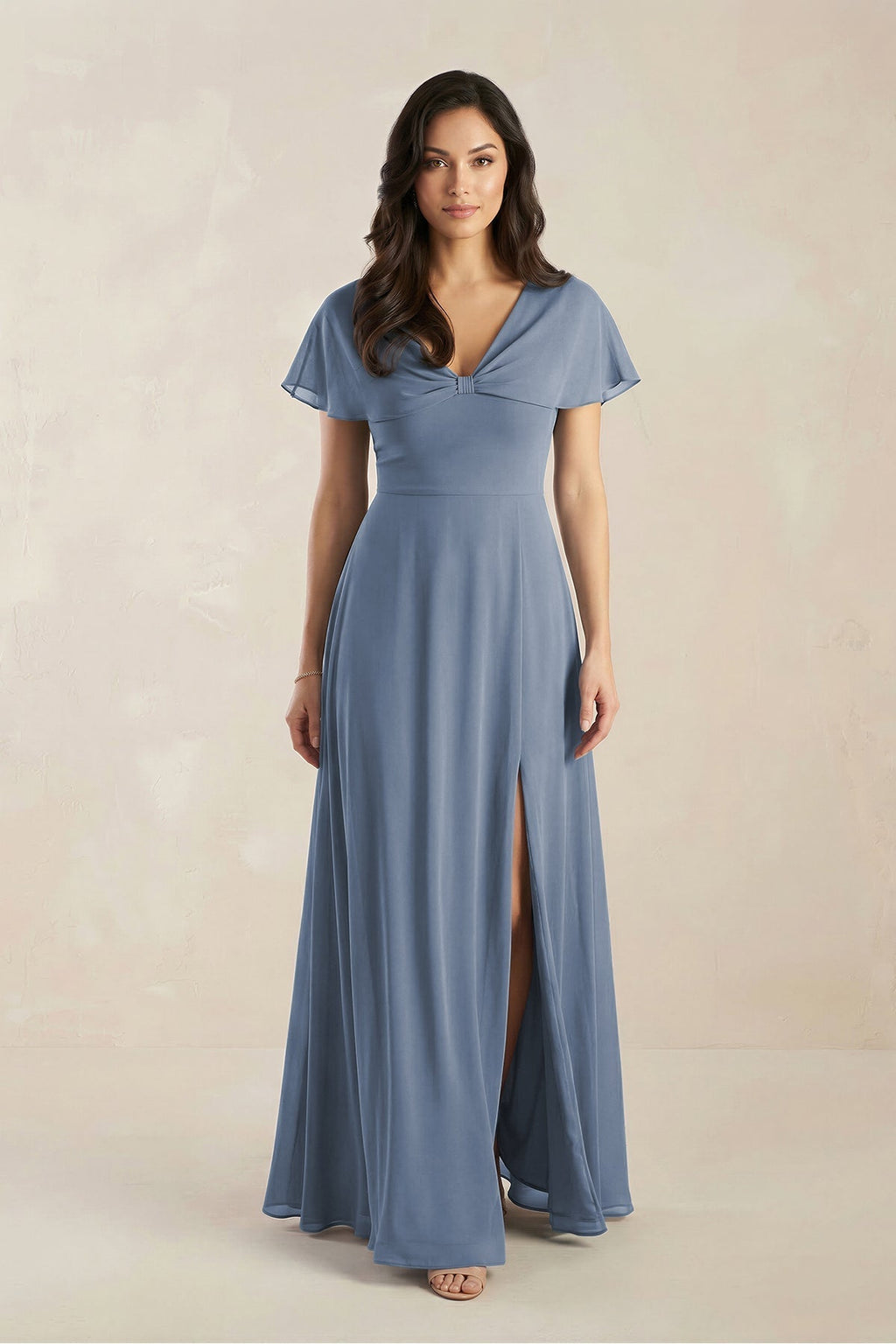 A-Line Short Sleeve Chiffon V-Neck Bridesmaid Dress in Neptune - Curvevia