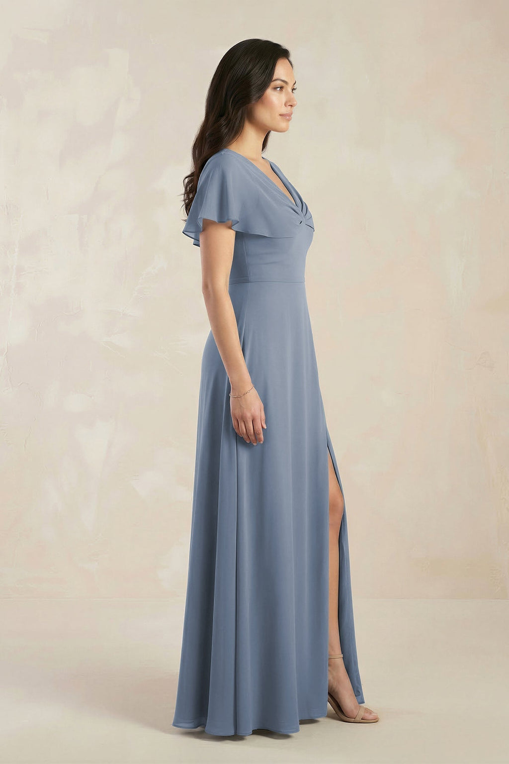A-Line Short Sleeve Chiffon V-Neck Bridesmaid Dress in Neptune - Curvevia
