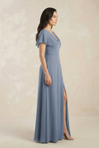 A-Line Short Sleeve Chiffon V-Neck Bridesmaid Dress in Neptune - Curvevia