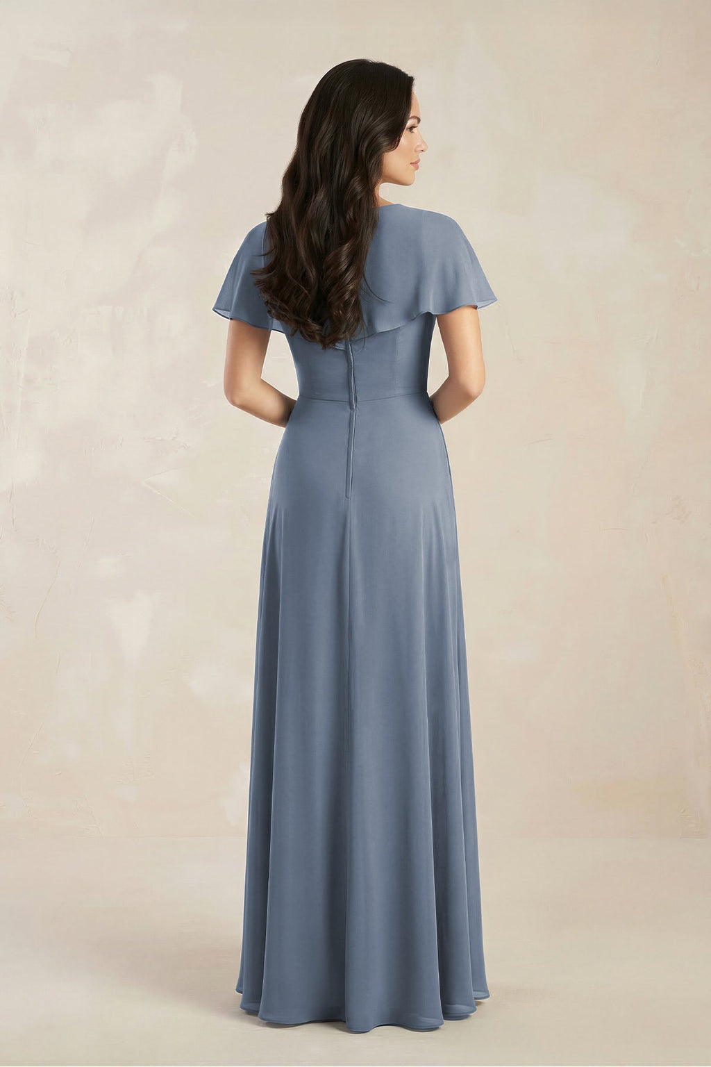 A-Line Short Sleeve Chiffon V-Neck Bridesmaid Dress in Neptune - Curvevia