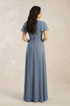 A-Line Short Sleeve Chiffon V-Neck Bridesmaid Dress in Neptune - Curvevia