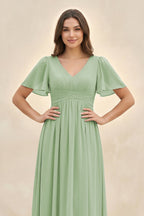 Short Sleeve Chiffon V-Neck A-Line Bridesmaid Dress in Sage - Curvevia