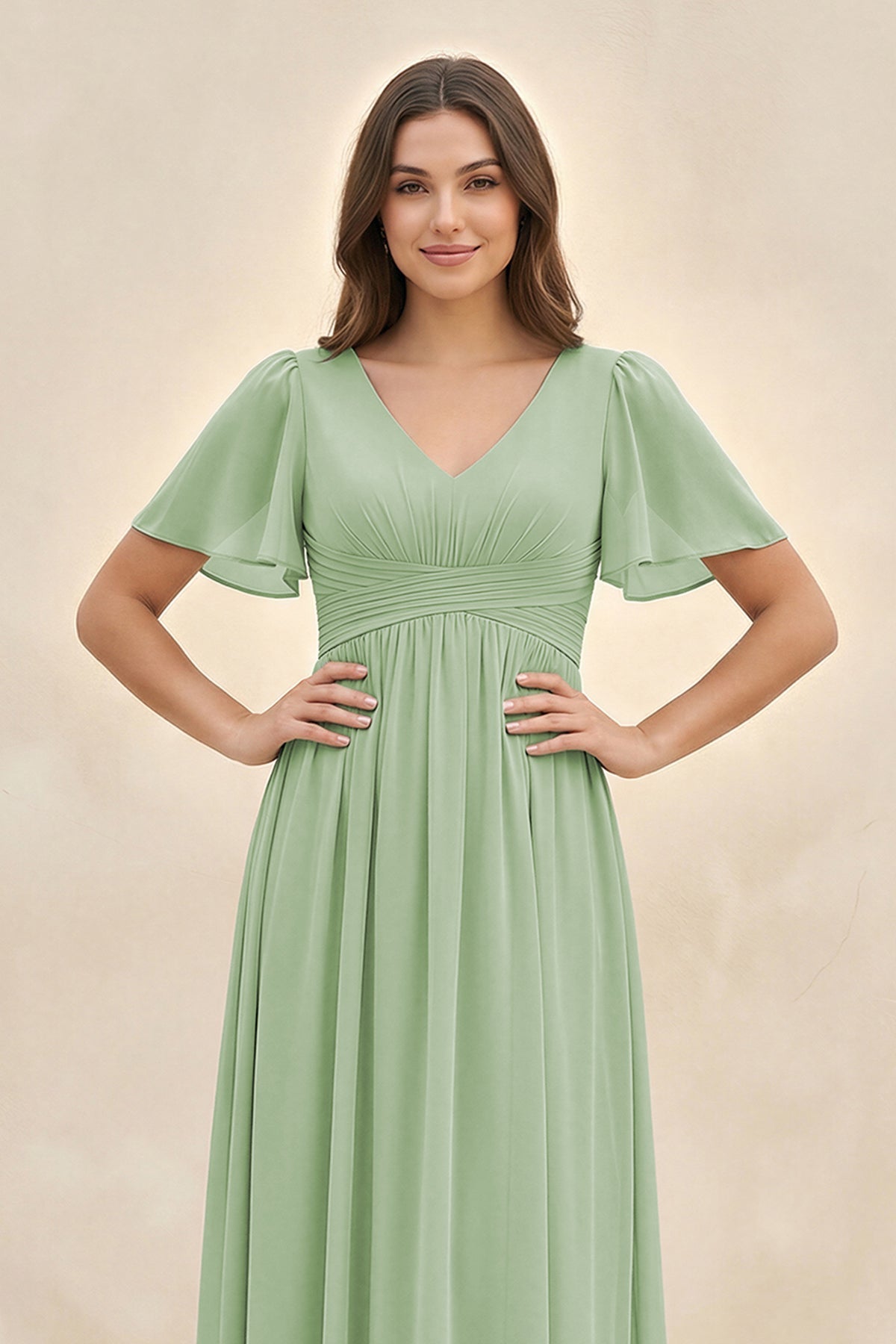 Short Sleeve Chiffon V-Neck A-Line Bridesmaid Dress in Sage - Curvevia