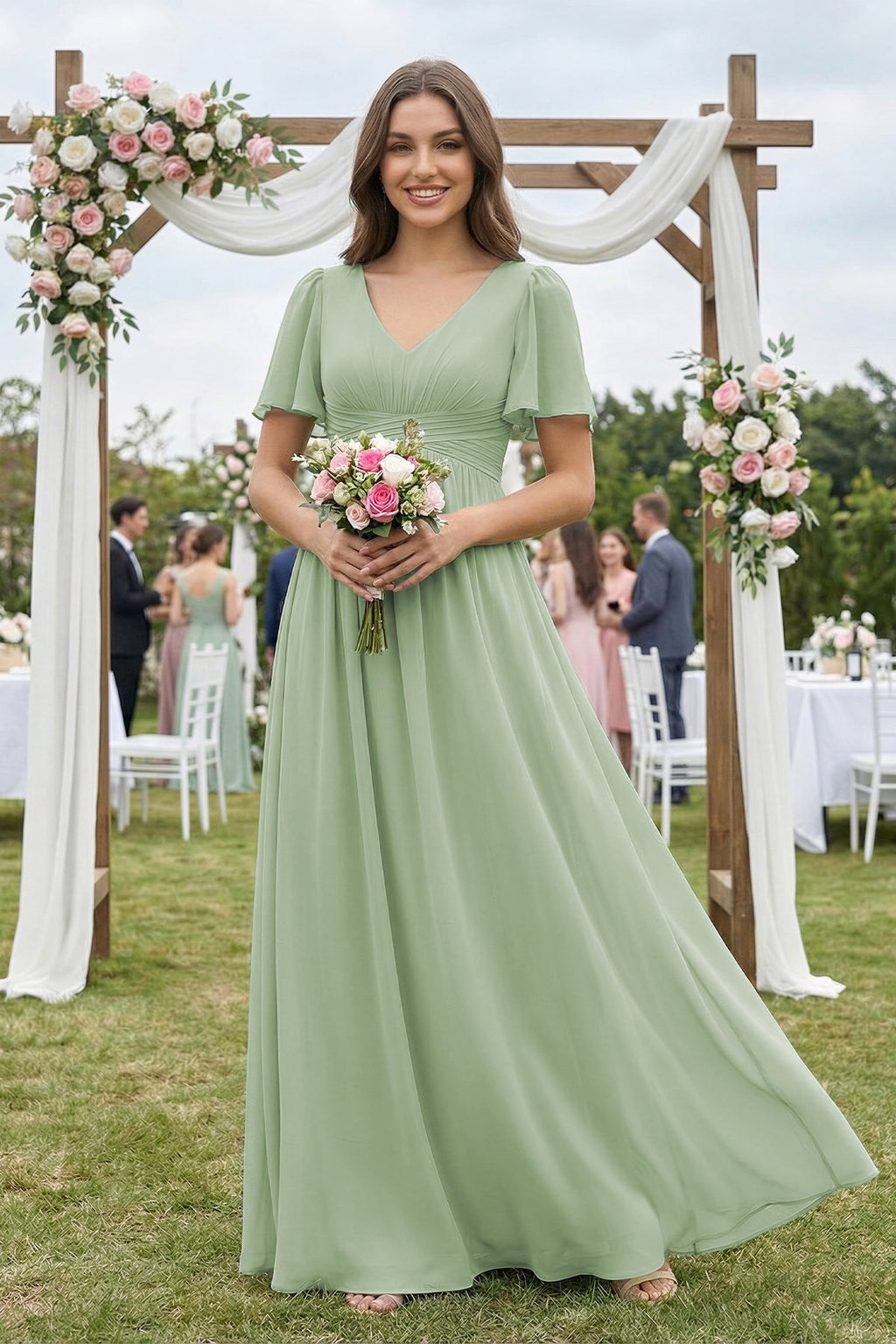 Short Sleeve Chiffon V-Neck A-Line Bridesmaid Dress in Sage - Curvevia
