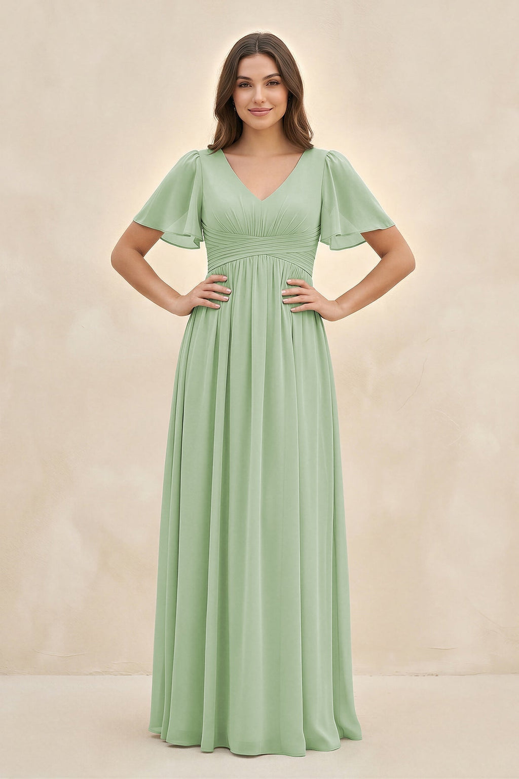 Short Sleeve Chiffon V-Neck A-Line Bridesmaid Dress in Sage - Curvevia