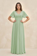 Short Sleeve Chiffon V-Neck A-Line Bridesmaid Dress in Sage - Curvevia