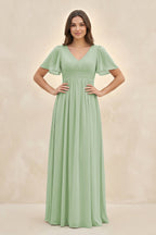 Short Sleeve Chiffon V-Neck A-Line Bridesmaid Dress in Sage - Curvevia