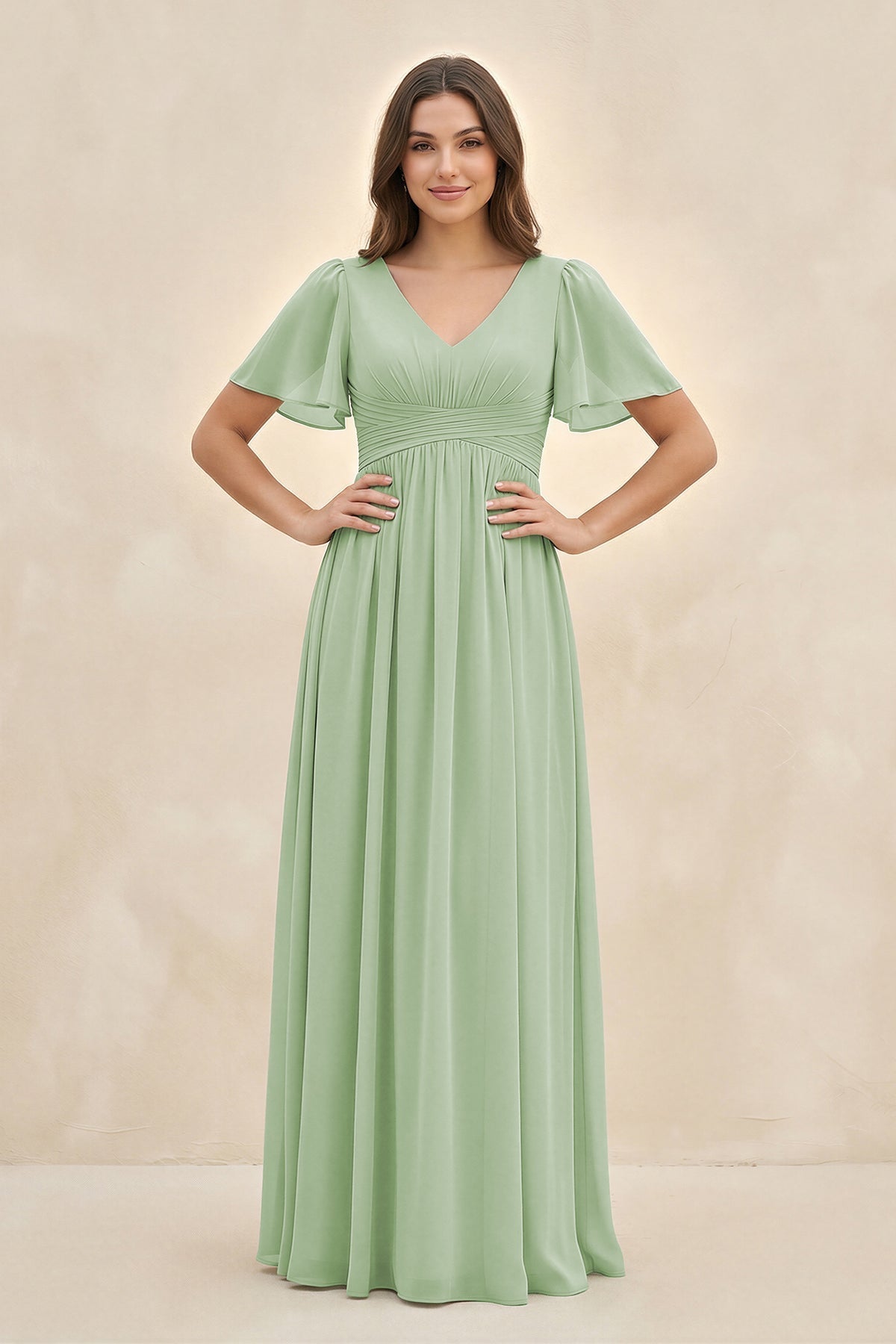 Short Sleeve Chiffon V-Neck A-Line Bridesmaid Dress in Sage - Curvevia