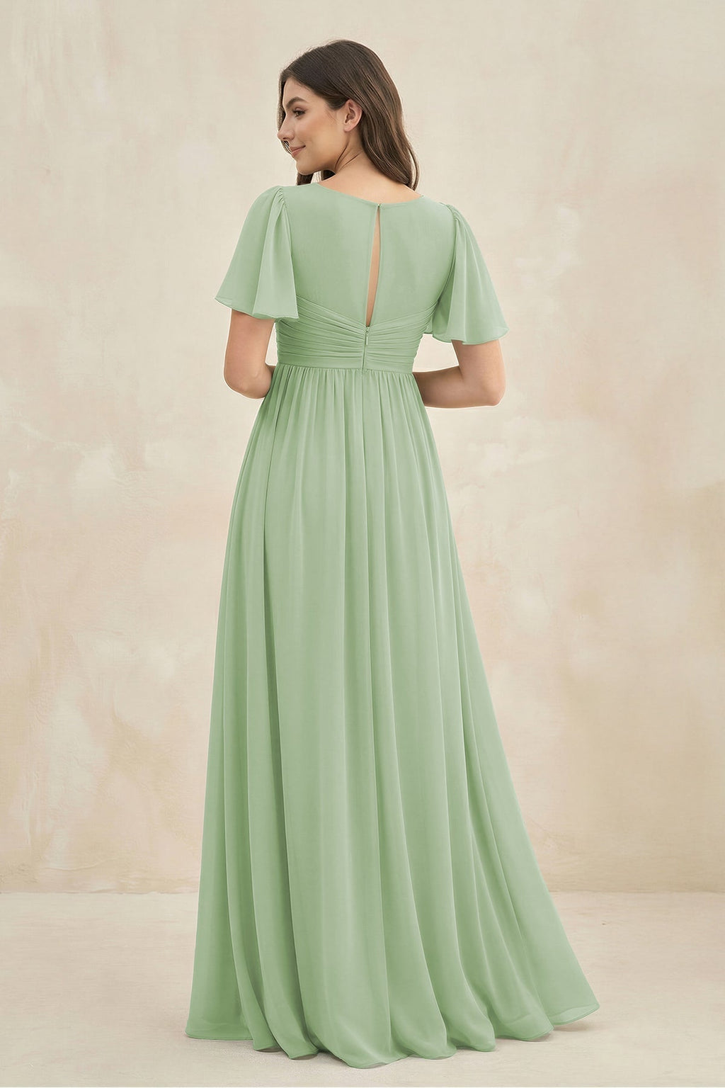 Short Sleeve Chiffon V-Neck A-Line Bridesmaid Dress in Sage - Curvevia