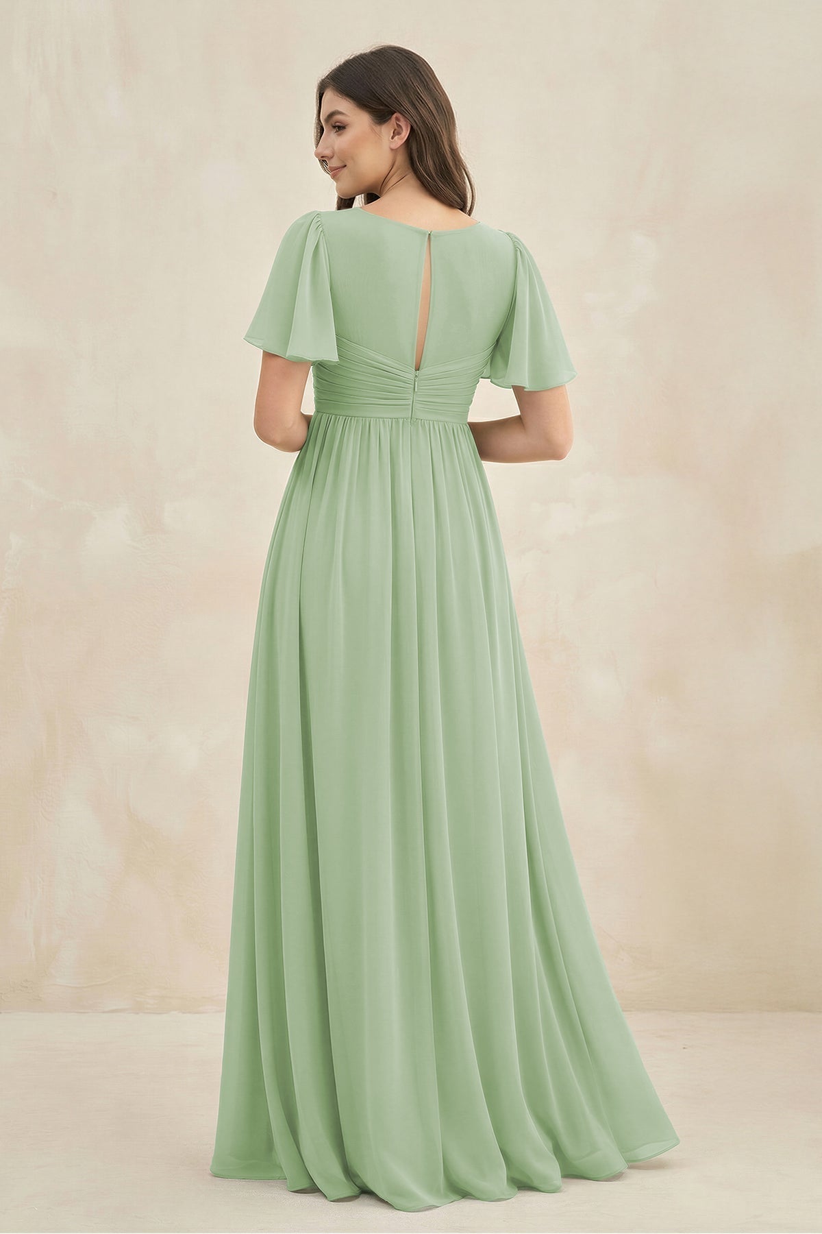 Short Sleeve Chiffon V-Neck A-Line Bridesmaid Dress in Sage - Curvevia