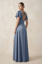 Short Sleeve V-Neck A-Line Satin Bridesmaid Dress With Slit in Neptune - Curvevia