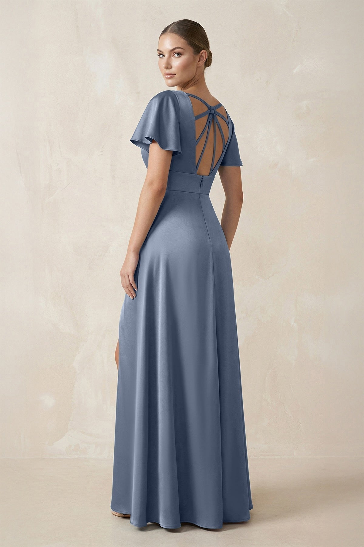 Short Sleeve V-Neck A-Line Satin Bridesmaid Dress With Slit in Neptune - Curvevia