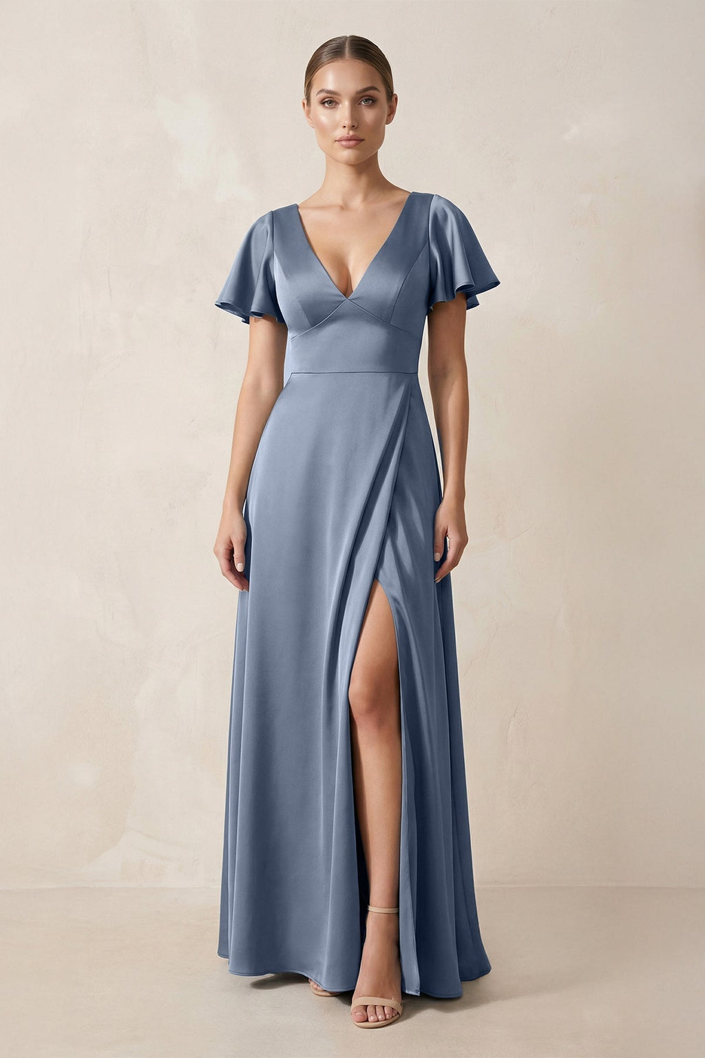 Short Sleeve V-Neck A-Line Satin Bridesmaid Dress With Slit in Neptune - Curvevia
