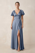 Short Sleeve V-Neck A-Line Satin Bridesmaid Dress With Slit in Neptune - Curvevia