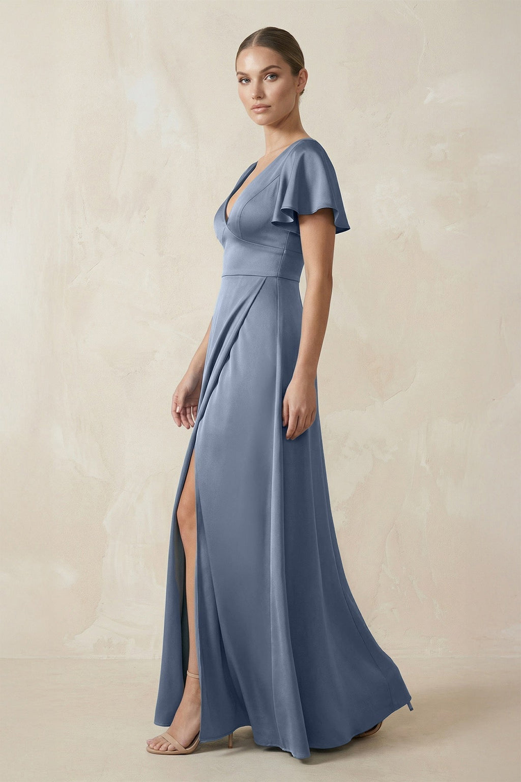 Short Sleeve V-Neck A-Line Satin Bridesmaid Dress With Slit in Neptune - Curvevia