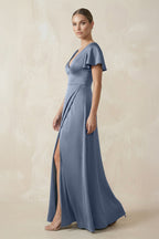 Short Sleeve V-Neck A-Line Satin Bridesmaid Dress With Slit in Neptune - Curvevia