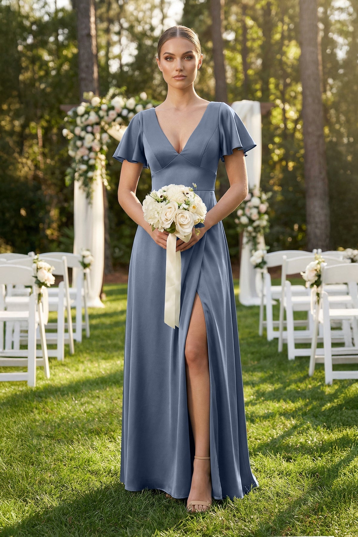 Short Sleeve V-Neck A-Line Satin Bridesmaid Dress With Slit in Neptune - Curvevia