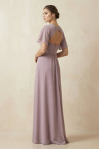 Short Sleeve V-Neck Chiffon A-Line Bridesmaid Dress in Dusk - Curvevia