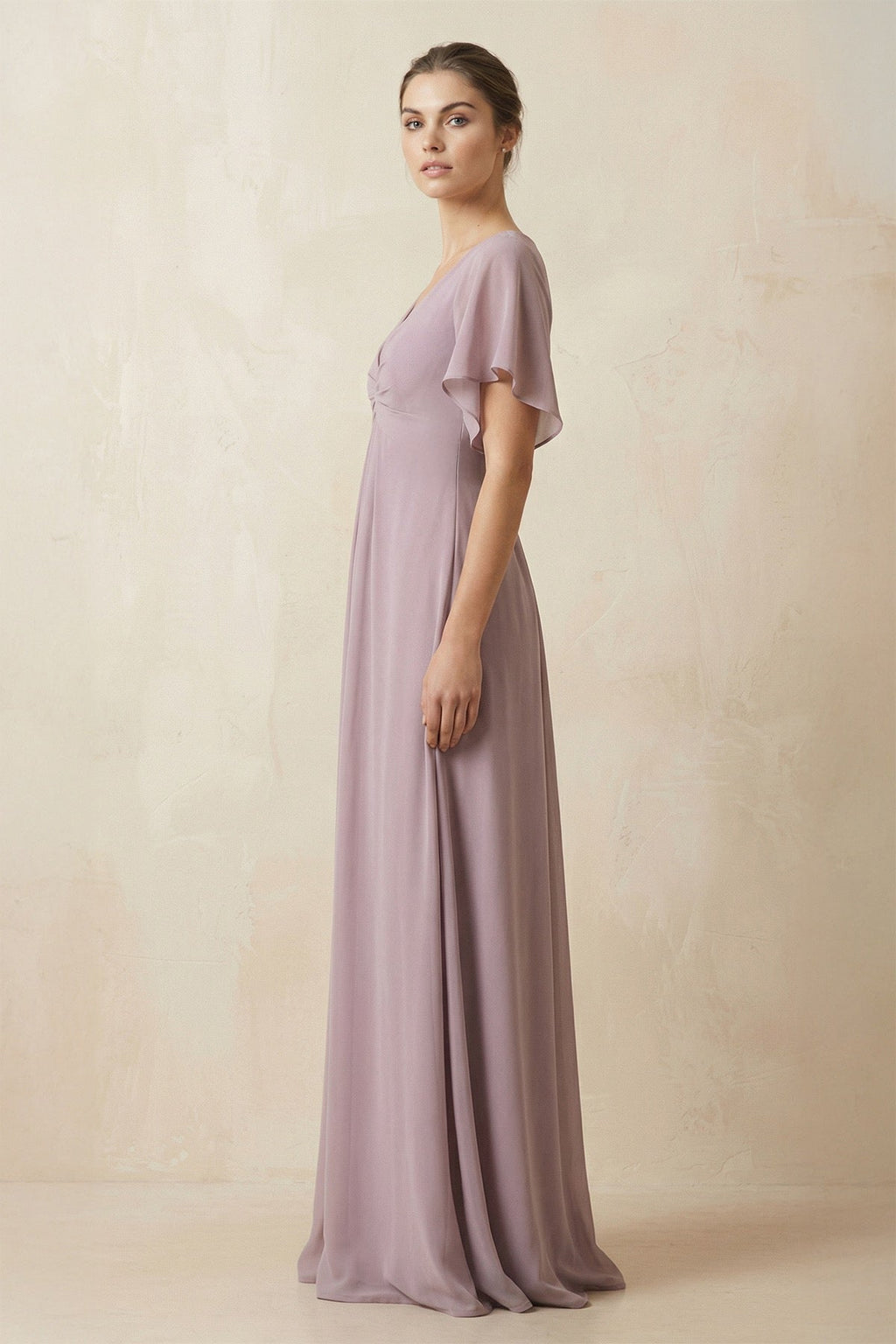 Short Sleeve V-Neck Chiffon A-Line Bridesmaid Dress in Dusk - Curvevia