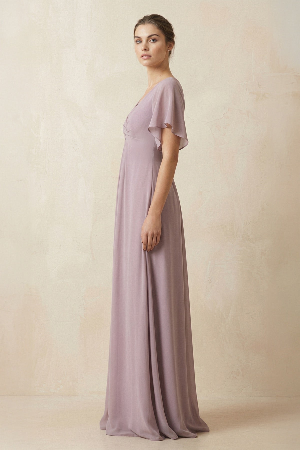 Short Sleeve V-Neck Chiffon A-Line Bridesmaid Dress in Dusk - Curvevia