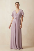 Short Sleeve V-Neck Chiffon A-Line Bridesmaid Dress in Dusk - Curvevia