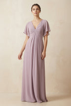 Short Sleeve V-Neck Chiffon A-Line Bridesmaid Dress in Dusk - Curvevia