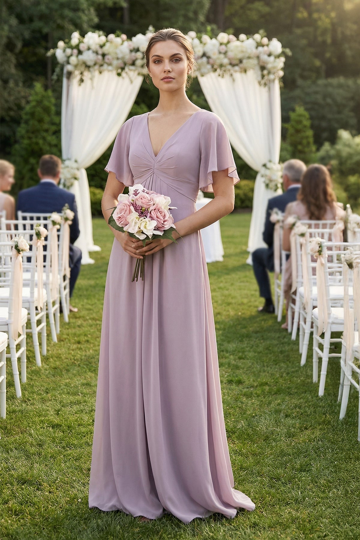 Short Sleeve V-Neck Chiffon A-Line Bridesmaid Dress in Dusk - Curvevia