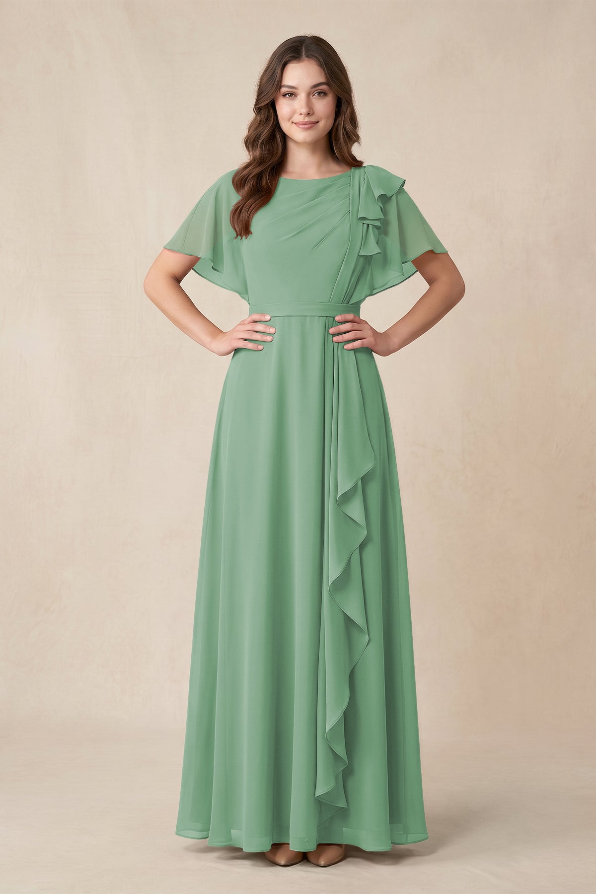 Short Sleeves Bateau A-Line Chiffon Bridesmaid Dress in Sea Glass - Curvevia