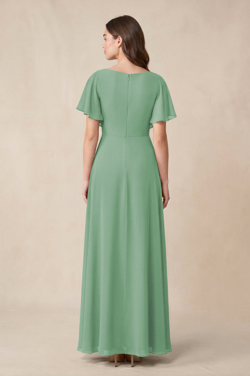 Short Sleeves Bateau A-Line Chiffon Bridesmaid Dress in Sea Glass - Curvevia