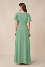 Short Sleeves Bateau A-Line Chiffon Bridesmaid Dress in Sea Glass - Curvevia