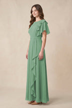 Short Sleeves Bateau A-Line Chiffon Bridesmaid Dress in Sea Glass - Curvevia