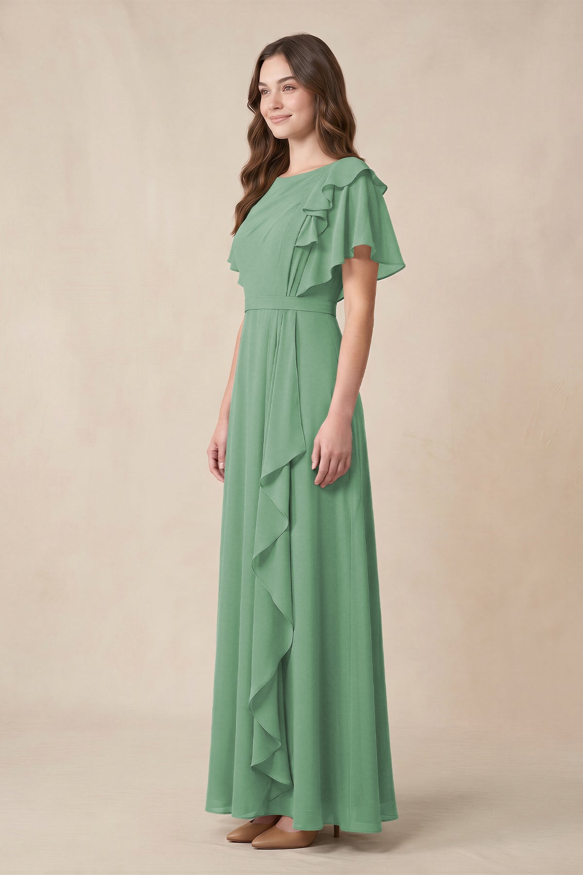 Short Sleeves Bateau A-Line Chiffon Bridesmaid Dress in Sea Glass - Curvevia