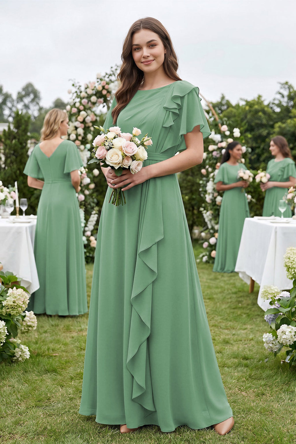 Short Sleeves Bateau A-Line Chiffon Bridesmaid Dress in Sea Glass - Curvevia